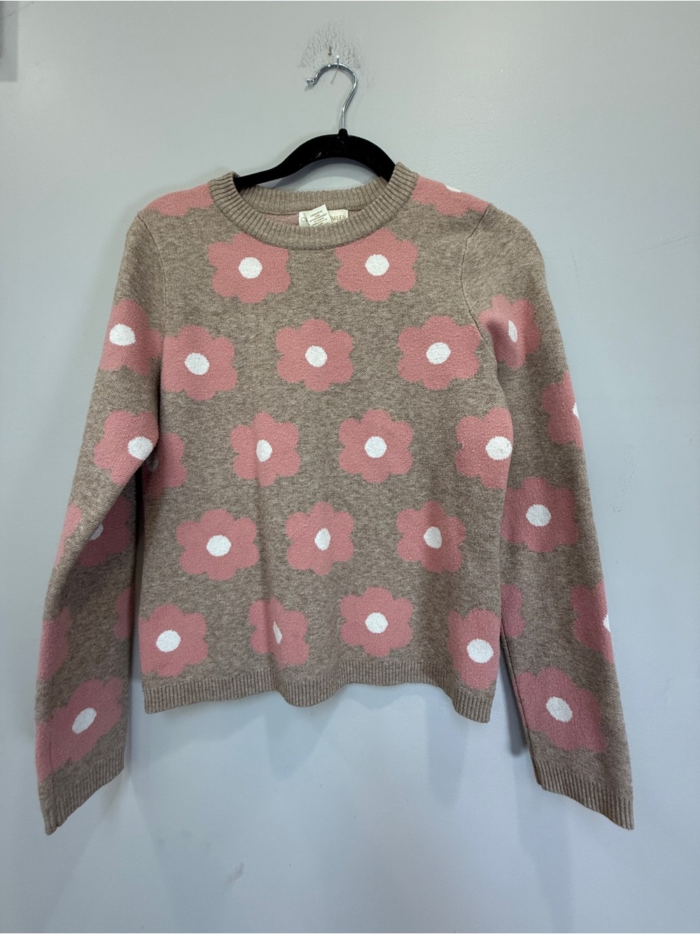 Cynthia Rowley Beige Crewneck Sweater with Pink & White Floral Motif
